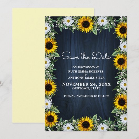 Rustic Navy Blue Sunflower|Daisy Save the Date Kaart (Voorkant / Achterkant)