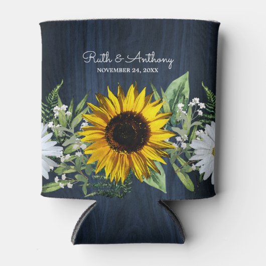Rustic Navy Blue Sunflower|Daisy Wedding Favor Blikjeskoeler (Voorkant)