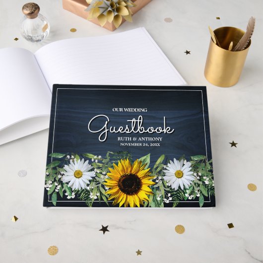 Rustic Navy Blue Sunflower|Daisy Wedding Gastenboek (Voorkant open)