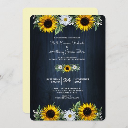 Rustic Navy Blue Sunflower|Daisy Wedding Kaart (Voorkant / Achterkant)