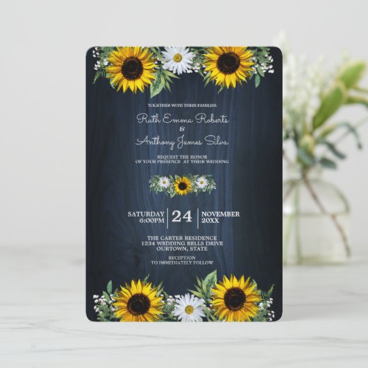 Rustic Navy Blue Sunflower|Daisy Wedding Kaart (Staand voorkant)