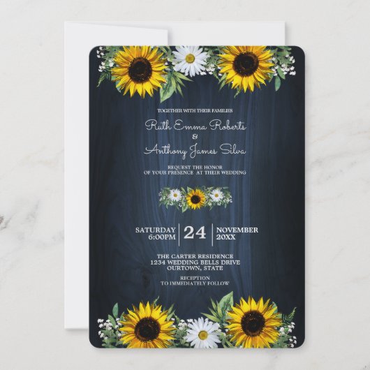 Rustic Navy Blue Sunflower|Daisy Wedding Kaart (Voorkant)