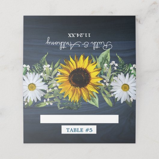 Rustic Navy Blue Sunflower|Daisy Wedding Plaatskaartje (Buitenkant ongevouwen)