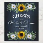 Rustic Navy Blue Sunflower|Daisy Wedding Wijn Etiket (Enkel label)