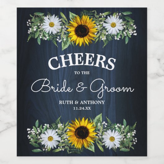 Rustic Navy Blue Sunflower|Daisy Wedding Wijn Etiket (Enkel label)