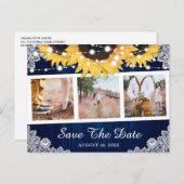 Rustic Navy Blue Sunflower Foto Save the Date Aankondigingskaart (Voorkant / Achterkant)