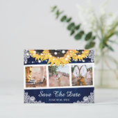 Rustic Navy Blue Sunflower Foto Save the Date Aankondigingskaart (Staand voorkant)