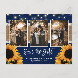 Rustic Navy Blue Sunflower Foto Save the Date Aankondigingskaart