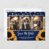 Rustic Navy Blue Sunflower Foto Save the Date Aankondigingskaart (Voorkant / Achterkant)