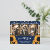 Rustic Navy Blue Sunflower Foto Save the Date Aankondigingskaart (Staand voorkant)