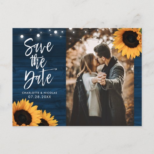 Rustic Navy Blue Sunflower Foto Save the Date Briefkaart (Voorkant)