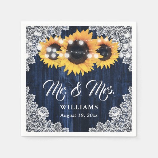 Rustic Navy Blue Sunflower Lace Mr and Mrs Wedding Servet (Voorkant)