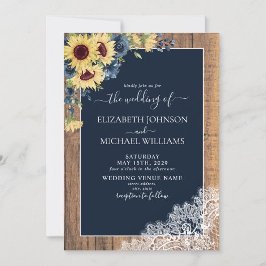 Rustic Navy Blue Sunflower Lace Script Weddenschap Kaart (Voorkant)