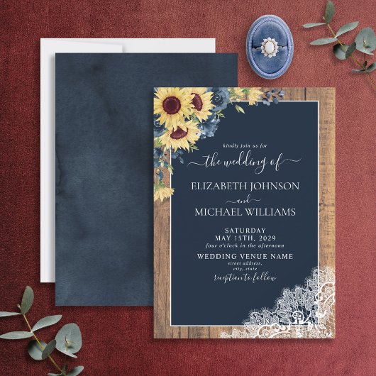 Rustic Navy Blue Sunflower Lace Script Weddenschap Kaart