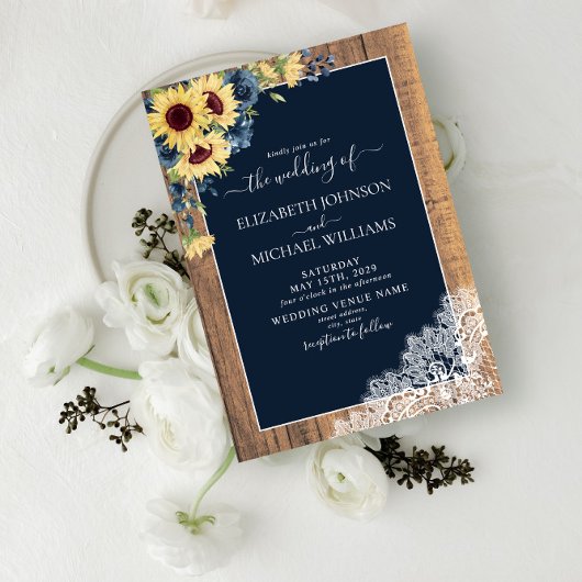 Rustic Navy Blue Sunflower Lace Script Weddenschap Kaart