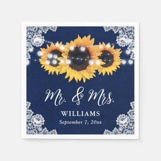 Rustic Navy Blue Sunflower Mr en Mrs Wedding Servet (Voorkant)