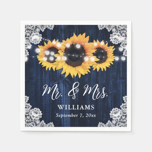 Rustic Navy Blue Sunflower Mr en Mrs Wedding Servet (Voorkant)