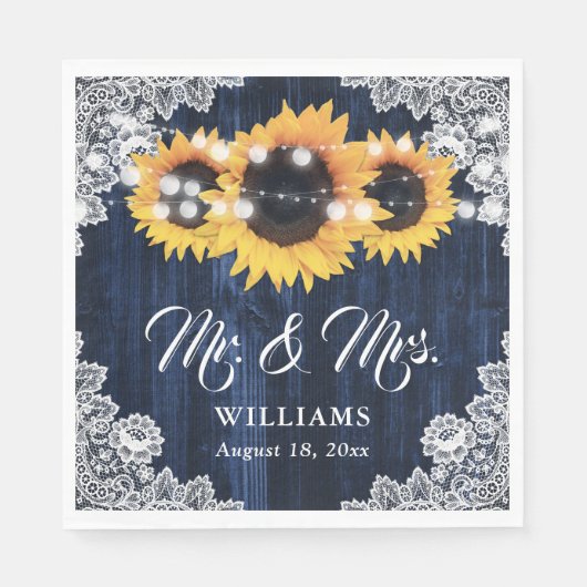 Rustic Navy Blue Sunflower Mr en Mrs Wedding Servet (Voorkant)