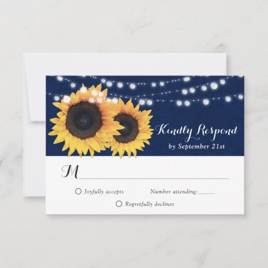 Rustic Navy Blue Sunflower RSVP-kaart RSVP Kaartje (Voorkant)