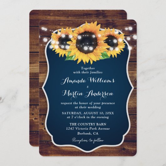 Rustic Navy Blue Sunflower String Lights Wedding Kaart (Voorkant / Achterkant)