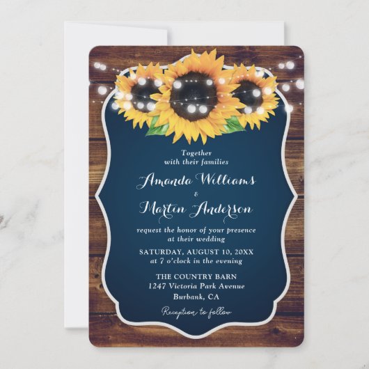Rustic Navy Blue Sunflower String Lights Wedding Kaart (Voorkant)