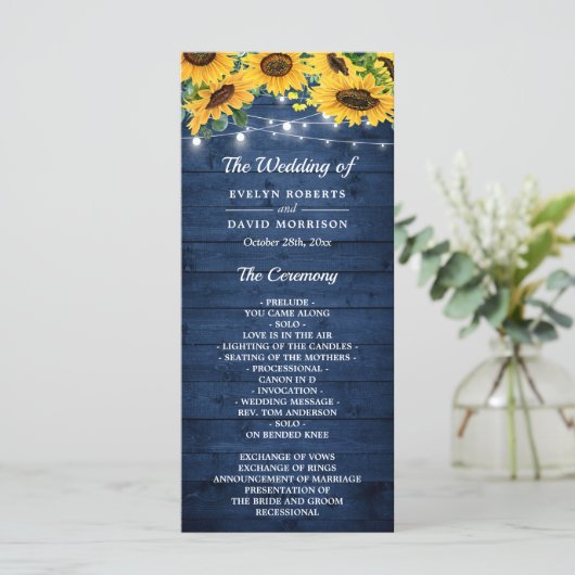Rustic Navy Blue Sunflower String Lights Wedding Programmakaart (Staand voorkant)