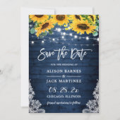 Rustic Navy Blue Sunflower String Lights Wedding Save The Date (Voorkant)