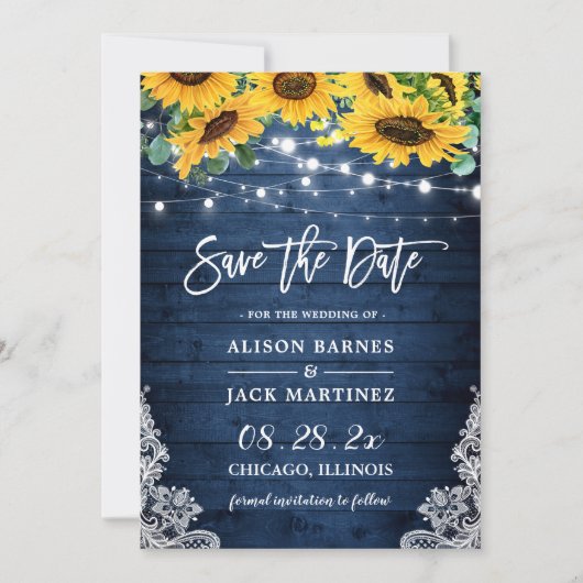 Rustic Navy Blue Sunflower String Lights Wedding Save The Date (Voorkant)