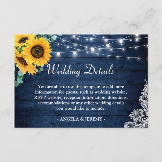 Rustic Navy Blue Sunflower Wedding Details Informatiekaartje (Voorkant)