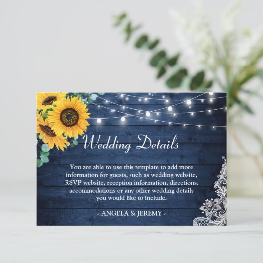 Rustic Navy Blue Sunflower Wedding Details Informatiekaartje (Staand voorkant)