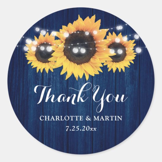 Rustic Navy Blue Sunflower Wedding Favor Ronde Sticker (Voorkant)