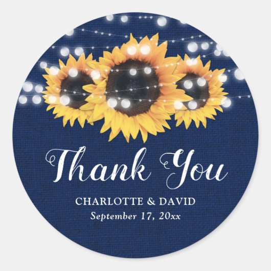 Rustic Navy Blue Sunflower Wedding Favor Ronde Sticker (Voorkant)