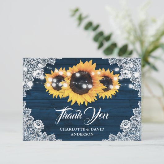 Rustic Navy Blue Sunflower Wedding Hartelijk dank Bedankkaart (Staand voorkant)