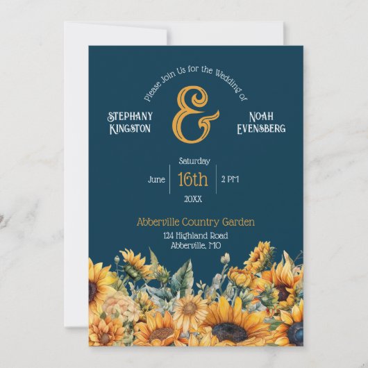 Rustic Navy Blue Sunflower Wedding Kaart (Voorkant)