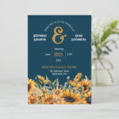 Rustic Navy Blue Sunflower Wedding Kaart (Staand voorkant)