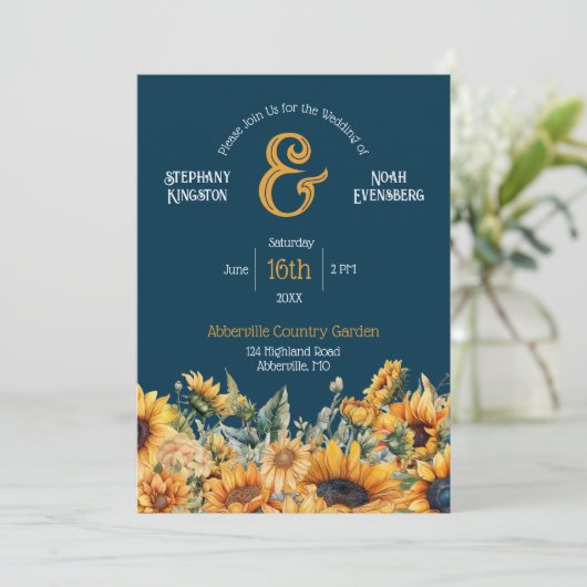 Rustic Navy Blue Sunflower Wedding Kaart (Staand voorkant)