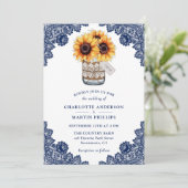 Rustic Navy Blue Sunflower Wedding Kaart (Staand voorkant)
