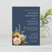Rustic Navy Blue Sunflower Wedding Kaart (Staand voorkant)