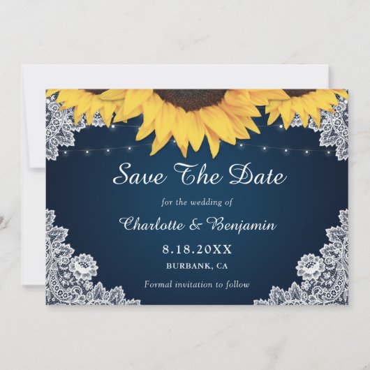 Rustic Navy Blue Sunflower Wedding Save the Date (Voorkant)
