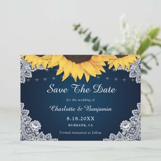Rustic Navy Blue Sunflower Wedding Save the Date (Staand voorkant)