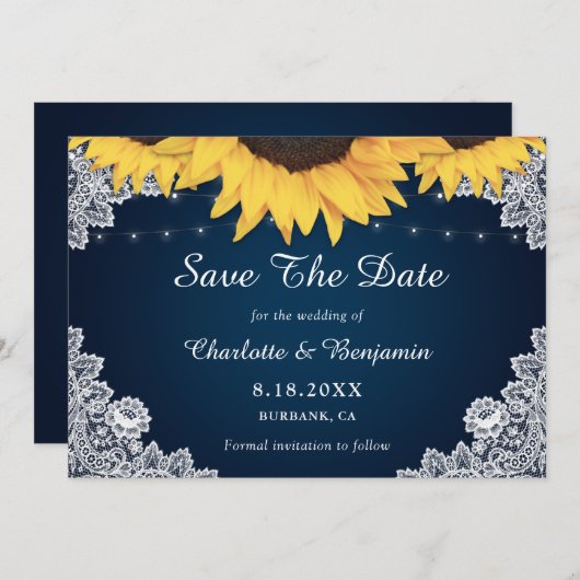 Rustic Navy Blue Sunflower Wedding Save the Date (Voorkant / Achterkant)