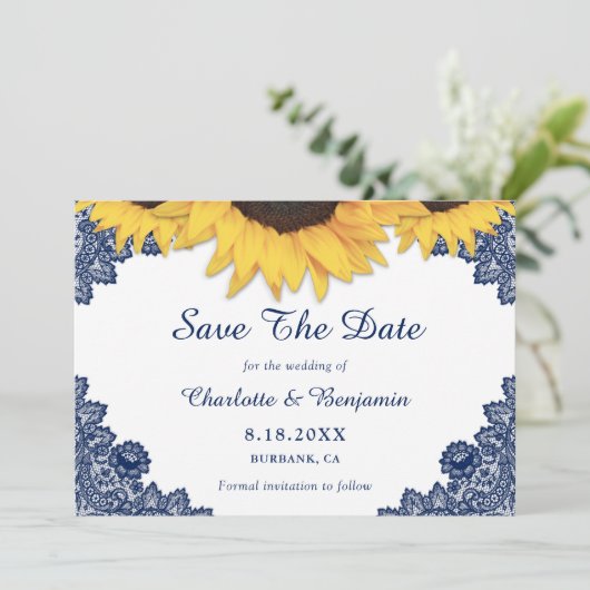 Rustic Navy Blue Sunflower Wedding Save the Date (Staand voorkant)
