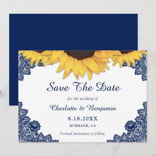 Rustic Navy Blue Sunflower Wedding Save the Date (Voorkant / Achterkant)