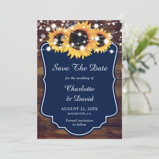 Rustic Navy Blue Sunflower Wedding Save The Date (Staand voorkant)