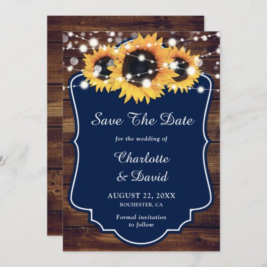 Rustic Navy Blue Sunflower Wedding Save The Date (Voorkant / Achterkant)