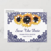 Rustic Navy Blue Sunflower Wedding Save the Date Aankondigingskaart (Voorkant / Achterkant)