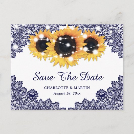 Rustic Navy Blue Sunflower Wedding Save the Date Aankondigingskaart (Voorkant)