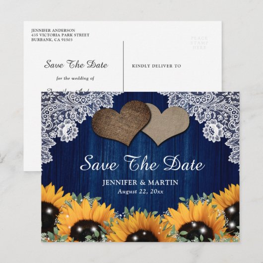 Rustic Navy Blue Sunflower Wedding Save the Date Aankondigingskaart (Voorkant / Achterkant)