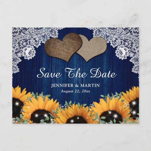 Rustic Navy Blue Sunflower Wedding Save the Date Aankondigingskaart (Voorkant)