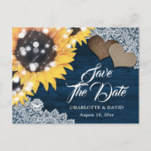 Rustic Navy Blue Sunflower Wedding Save the Date Aankondigingskaart (Voorkant)